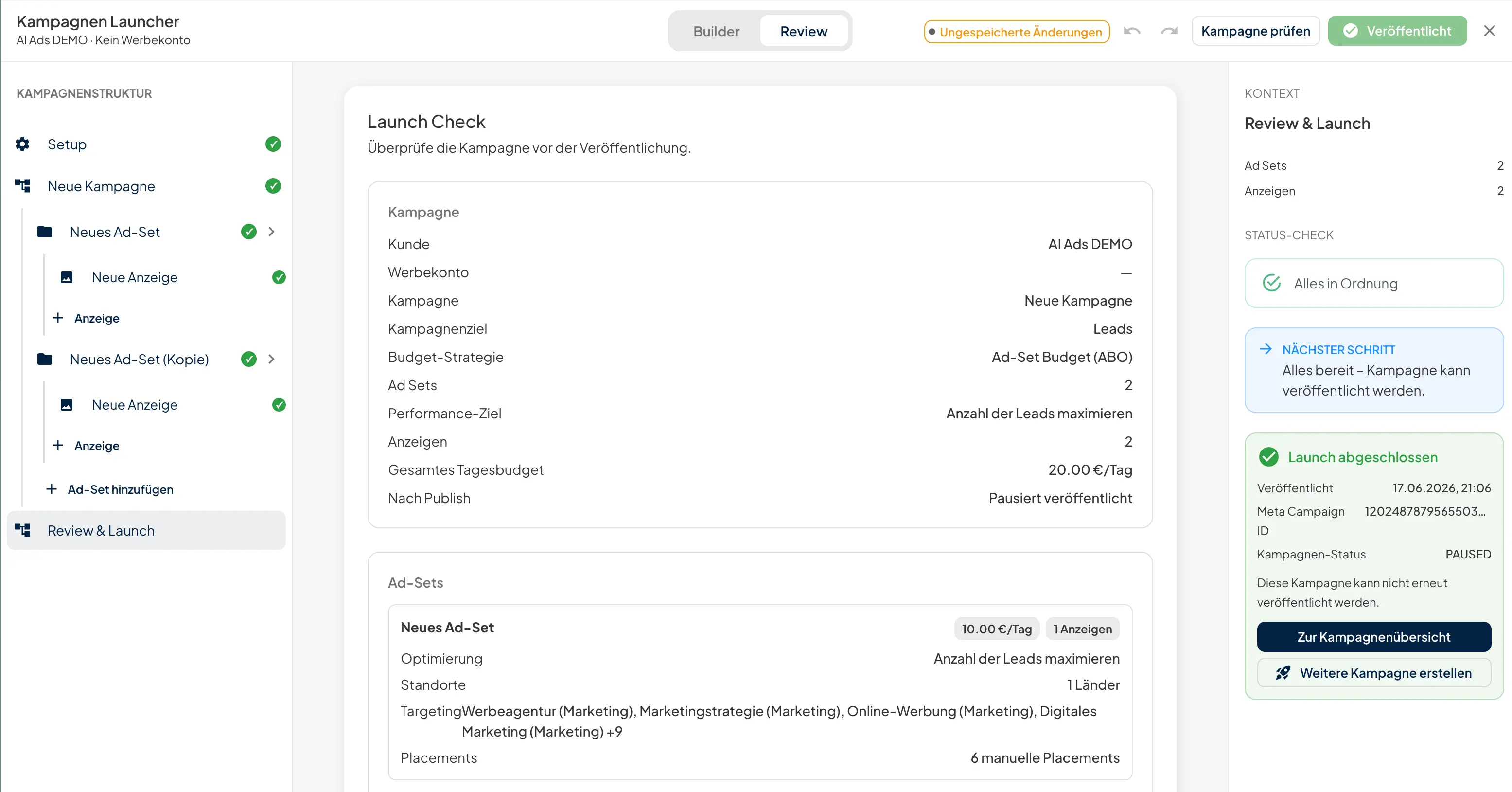 3-Klick-Launch aus Template